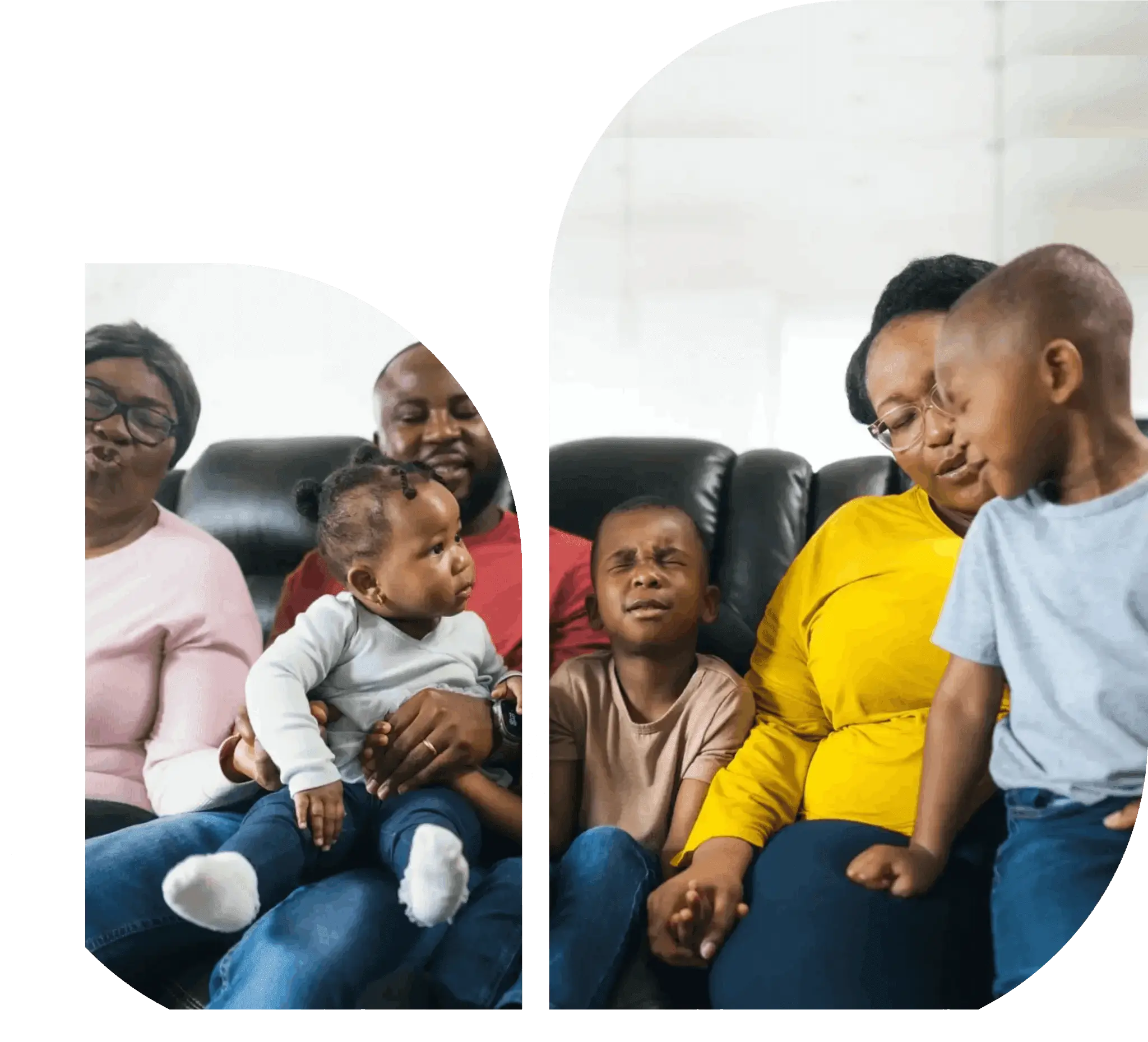 Family sitting together on a couch.